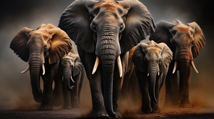 A group of African elephants on a dark background