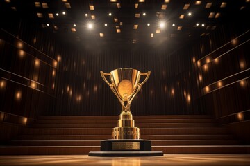 a gold trophy placed on a podium, photographed from a low angle on a grand stage. The trophy, representing excellence and success, stands prominently AI Generated