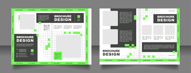 Informing clients about company product bifold brochure template design. Promoting with QR code. Half fold booklet mockup set with copy space for text. Editable 2 paper page leaflets. Arial font used