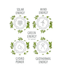 Environmentally friendly planet and green energy concept. Sprout with green leaves and signs of solar energy, wind energy, water power, geothermal energy. Think Green. Protect the World from pollution