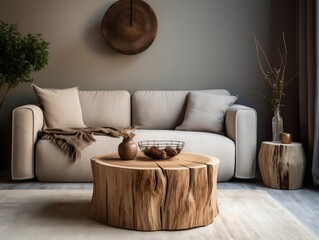 Round rustic loveseat sofa and stump side table near wall interior design of modern living room generative ai