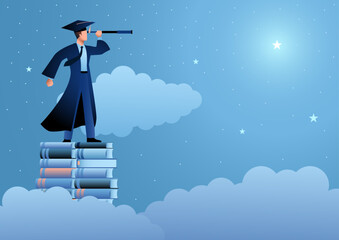 Concept of a man in a graduation gown holding a telescope while standing atop a stack of books looking for stars, achieving objectives, aspirations, and a future plan after college.