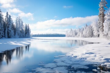 Icy Serenity Tranquil Frozen Lake amidst Snow-Clad Trees and Majestic Mountains AI Generated