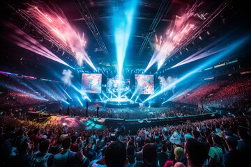 epic post-championship scene in the world of esports. A massive arena is packed with an excited crowd of fans, all eagerly cheering for their victorious team AI Generated