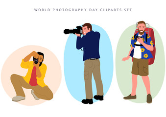 People use different types of cameras in different occasions, clipart set for World Photography Day, professions vector illustration