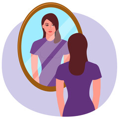 Clip art of a sad young woman looking in the mirror, loneliness, depression, bipolar concept, vector illustration