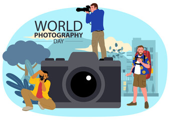 People use different types of cameras in different occasions, clipart for World Photography Day, professions vector illustration