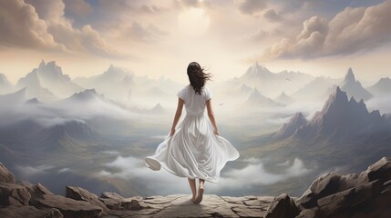 Fototapeta na wymiar beautiful woman in white looking at nature mountains