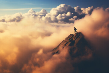 Landscape, business concept. Person standing on the top of the mountain above the clouds. Panoramic view with copy space. Person reached goal and success in life. Generative AI