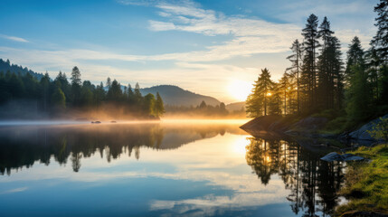 Naklejka na ściany i meble nature landscape with lake at morning