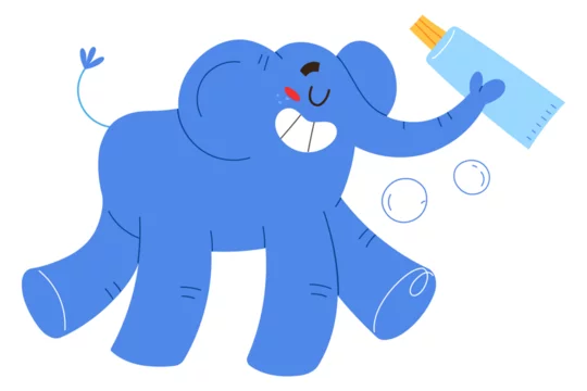 Cute elephant holding toothpaste in trunk, funny smiley cartoon character, oral hygiene illustration for children, dental care for kids, vector isolated on white background