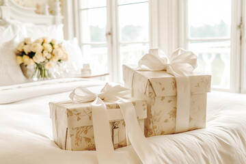 Wedding gifts and flowers in an elegant white bedroom, generative ai