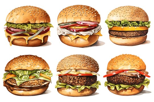 A set of colorful hamburger illustration style drawings