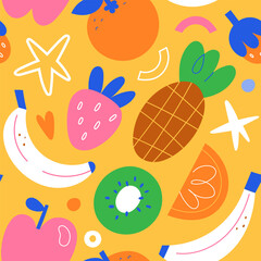 Pineapple print, tropical fruit background, banana, kiwi, strawberry, orange fruits and berries, stylized illustrations, vector tile, seamless pattern, simple trendy print for textile