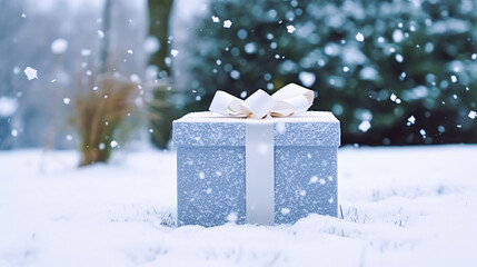 Christmas holiday gift and present, gift box in the snow in snowfall winter countryside nature for boxing day, holidays shopping sale