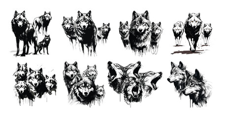 Hand drawn simple wolves collection  - obrazy, fototapety, plakaty