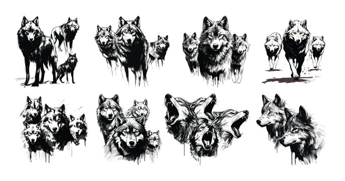 Hand drawn simple wolves collection 
