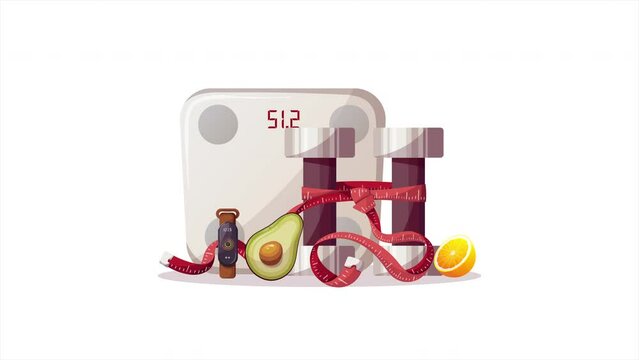 Scales, dumbbells, measuring tape, sports watch, avocado. Sport, fitness, training at home, slimming. sportswear, workout concept. Animation video.