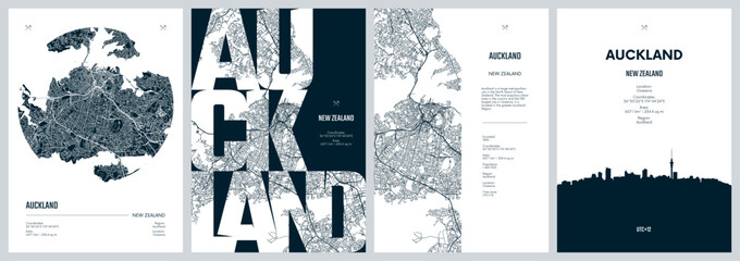 Set of travel posters with Auckland, detailed urban street plan city map, Silhouette city skyline, vector artwork - obrazy, fototapety, plakaty