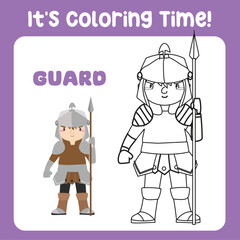 It's coloring time a fairy tale medieval kingdom black and white the cute kingdom guard in armour and holding a spear. Vector outline fantasy monarch kingdom. Medieval fairytale a guard cute cartoon.