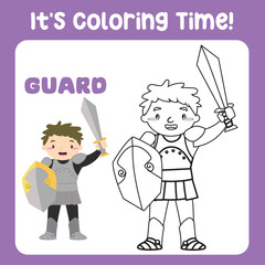 It's coloring time a fairy tale medieval kingdom black and white the cute knight in armour and holding a sword and shield. Vector outline fantasy monarch kingdom. Medieval fairytale a knight cute cart