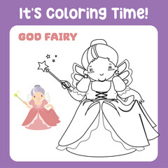 It's coloring time a fairy tale medieval kingdom black and white the fairy godmother. Vector outline fantasy monarch kingdom. Medieval fairytale a fairy godmother cartoon.