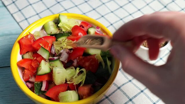 Kachumber Salad is the Indian cucumber, tomato, and onion salad. Girl sprinkle with cumin seeds or cumin a fresh, easy chopped salad. The vegetables are dressed with lemon juice and salt.