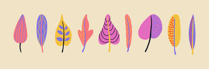 Collection groovy autumn tropical leaves. Leaves with textures distorted cell, line, zigzag, dot. Botanical tribal vector elements.