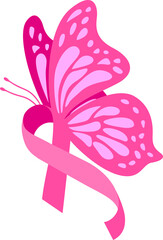 Breast cancer awareness design with butterflies. Pink ribbon symbol illustration.