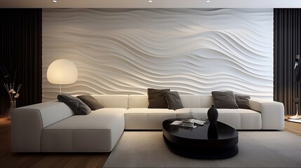 Modern living room with white corner sofa and wavy paneling wall generative ai