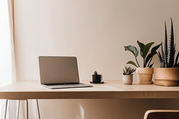 On a beige background, a minimalist home office desk workspace with a laptop, a cactus, and a palm tree. Blank front copy space mockup. Generative AI