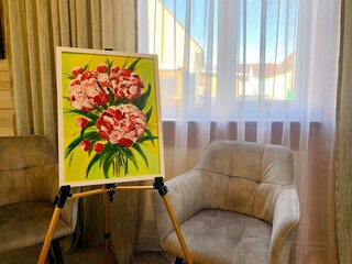 Oil painting on canvas pink peonies. Author's art decorative acrylic painting for interior flowers.