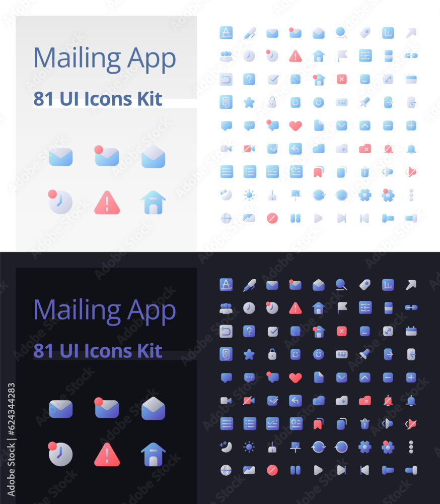 Poster mailing app pixel perfect flat gradient two-color ui icons kit for dark, light mode. communication o