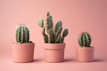 Three little, adorable paper cacti on a pink background with empty space. Generative AI