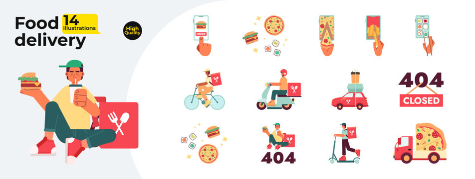 Food delivery flat concept vector spot illustrations bundle. Courier deliver food from restaurant 2D cartoon characters on white for web UI design. Isolated editable creative hero images collection