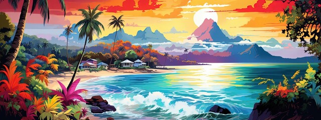 Fototapeta na wymiar painting style illustration of beautiful peaceful tropical ocean lagoon banner background wallpaper, Generative Ai