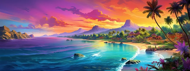 Fototapete Fantasielandschaft painting style illustration of beautiful peaceful tropical ocean lagoon banner background wallpaper, Generative Ai