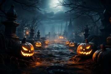 Halloween background with Jack o Lantern pumpkins in the spooky forest at night with copy space. Generative AI