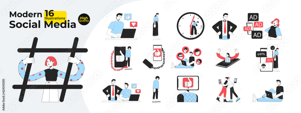 Aufkleber social media problems flat line concept vector spot illustrations bundle. influencers and bloggers. 