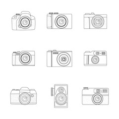 Set of camera in hand drawn design for photography template in black and white