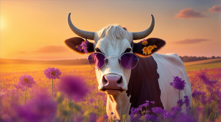 cow in the field with sun glass - obrazy, fototapety, plakaty