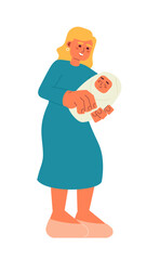Caucasian mother with newborn baby semi flat color vector characters. Motherhood. Happy mom cuddling infant. Editable full body people on white. Simple cartoon spot illustration for web graphic design