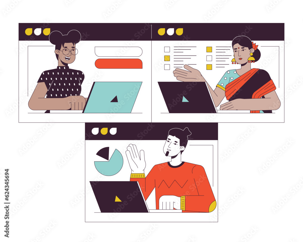 Aufkleber online group meeting flat line concept vector spot illustration. virtual team 2d cartoon outline cha