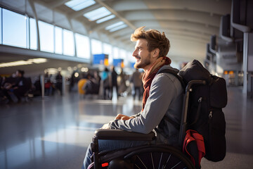 Disabled male traveler carrying backpack sitting in wheelchair at the airport. Ai generative