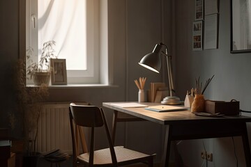 There is nobody in the workplace or living room with the exception of a white empty chair, a table, and a burning lamp in the evening. Simple decor, copy space, home office during self isolation COVID