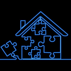 Continuous line drawing House Jigsaw Puzzle Logo icon neon glow vector illustration concept