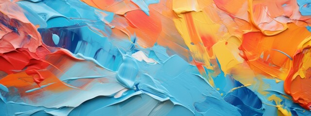 Closeup of abstract rough colorful blue orange complementary colors art painting texture background wallpaper, with oil or acrylic brushstroke waves, pallet knife paint on canvas (Generative Ai)