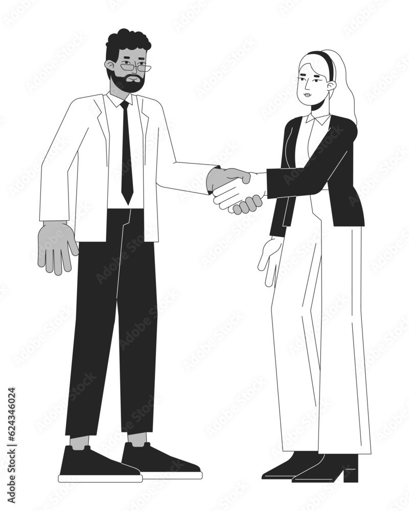 Aufkleber networking businesspeople bw vector spot illustration. hands shaking diversity 2d cartoon flat line 