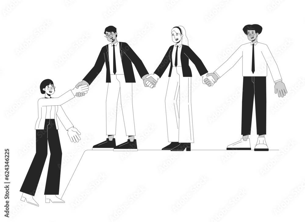 Aufkleber supportive business team bw concept vector spot illustration. colleagues 2d cartoon flat line monoch
