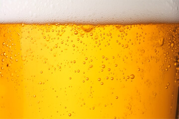 Close-up glass of cold beer with foam as texture and background, post-processed, generative ai